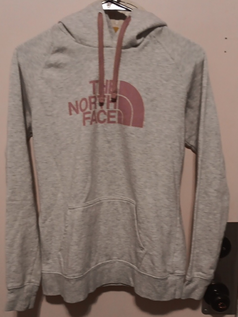 The North Face Light Gray Crewneck Hoodie with Pink Logo